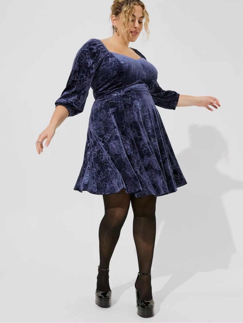 Torrid Velvet Floral Fit & Flare Dress in Deep Navy - Picture 2 of 9